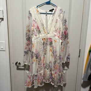 Floral Lace Trim Dress White Lulus